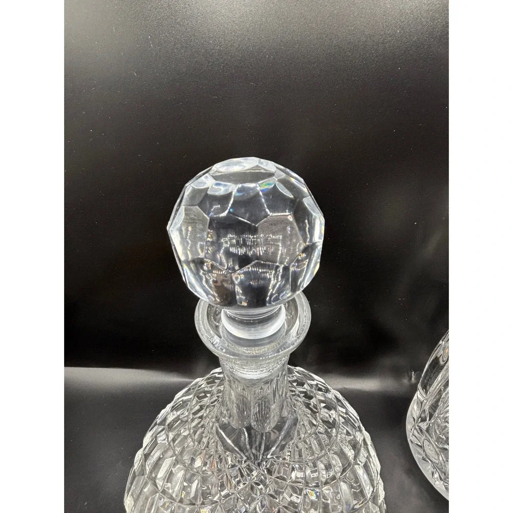 Vintage Cut Glass Decanter with Large Geometric Globe Stopper Diamond Pattern
